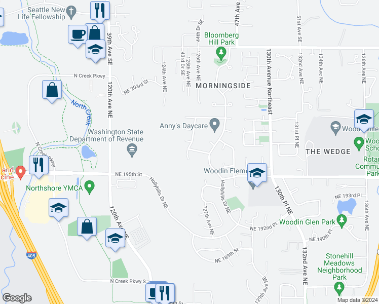 map of restaurants, bars, coffee shops, grocery stores, and more near 12601 Northeast 197th Street in Bothell