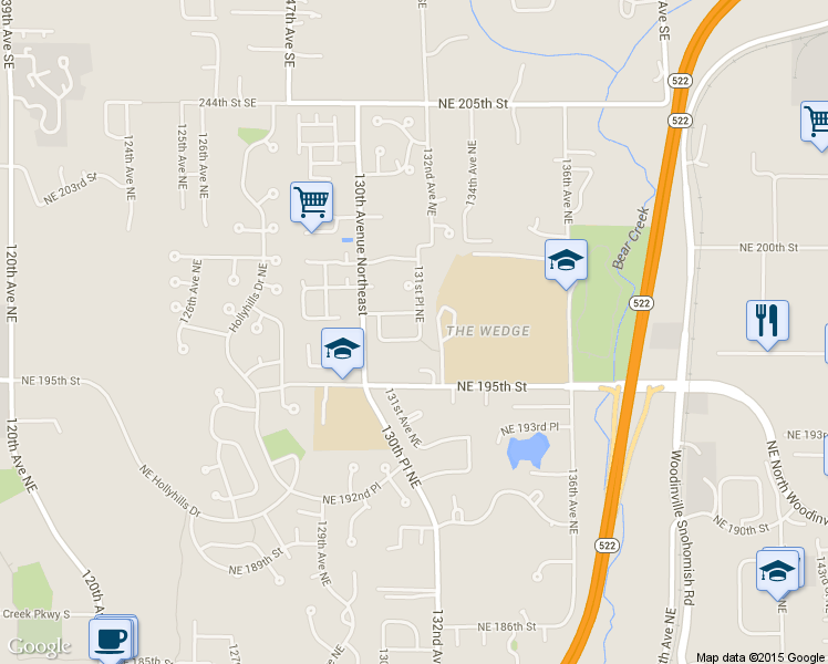 map of restaurants, bars, coffee shops, grocery stores, and more near 13030 Northeast 196th Place in Woodinville