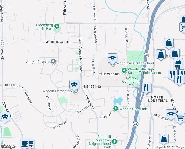 map of restaurants, bars, coffee shops, grocery stores, and more near 13030 Northeast 196th Place in Woodinville