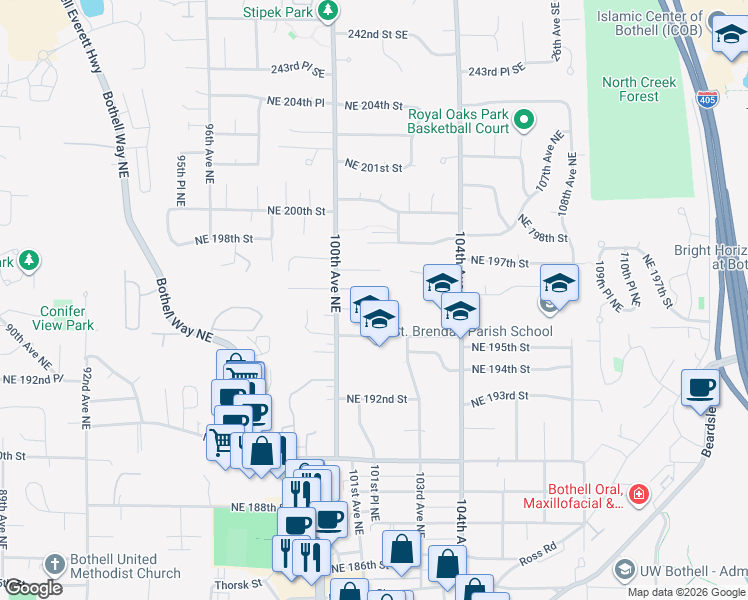 map of restaurants, bars, coffee shops, grocery stores, and more near 19507 104th Avenue Northeast in Bothell