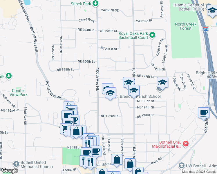 map of restaurants, bars, coffee shops, grocery stores, and more near 19507 104th Avenue Northeast in Bothell