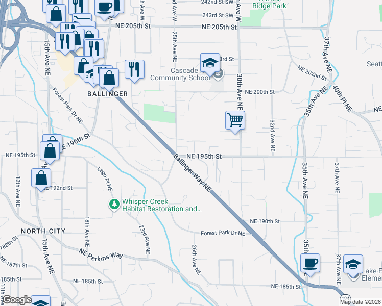 map of restaurants, bars, coffee shops, grocery stores, and more near 2607 Northeast 195th Lane in Shoreline