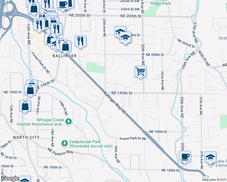 map of restaurants, bars, coffee shops, grocery stores, and more near 2607 Northeast 195th Lane in Shoreline