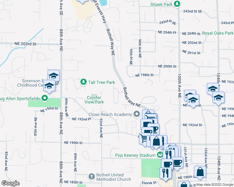 map of restaurants, bars, coffee shops, grocery stores, and more near 19603 94th Avenue Northeast in Bothell
