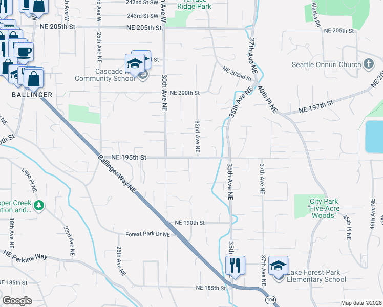 map of restaurants, bars, coffee shops, grocery stores, and more near 3120 Northeast 195th Place in Shoreline