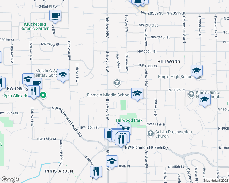 map of restaurants, bars, coffee shops, grocery stores, and more near 643 Northwest 195th Street in Shoreline