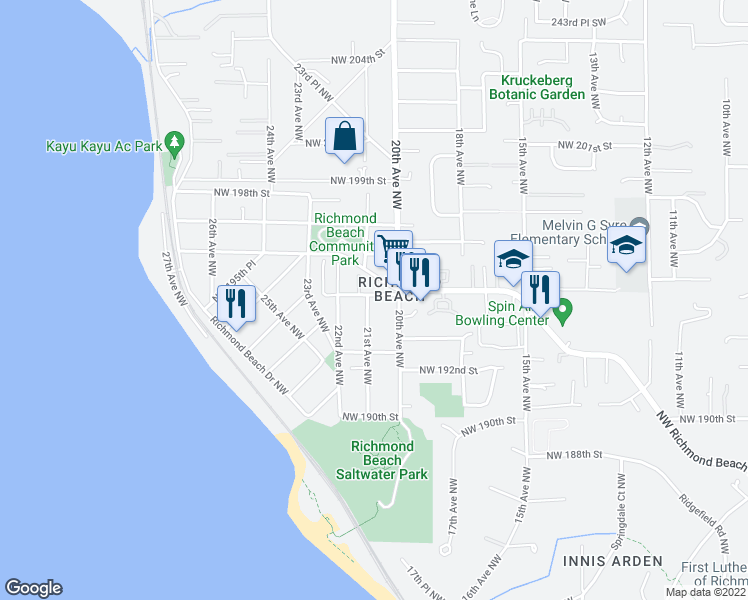 map of restaurants, bars, coffee shops, grocery stores, and more near 2022 Northwest 195th Street in Shoreline