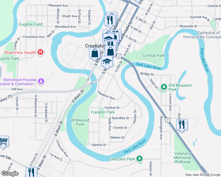map of restaurants, bars, coffee shops, grocery stores, and more near 333 South Ash Street in Crookston