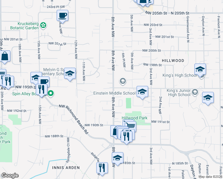map of restaurants, bars, coffee shops, grocery stores, and more near 801 Northwest 195th Street in Shoreline