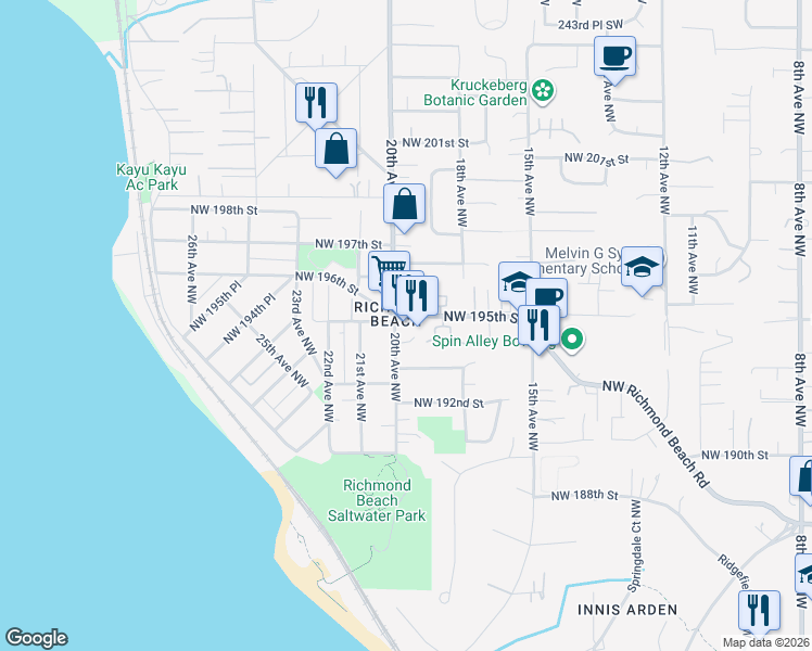 map of restaurants, bars, coffee shops, grocery stores, and more near 1857 Northwest 195th Street in Shoreline