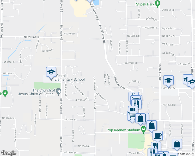 map of restaurants, bars, coffee shops, grocery stores, and more near 19602 92nd Avenue Northeast in Bothell