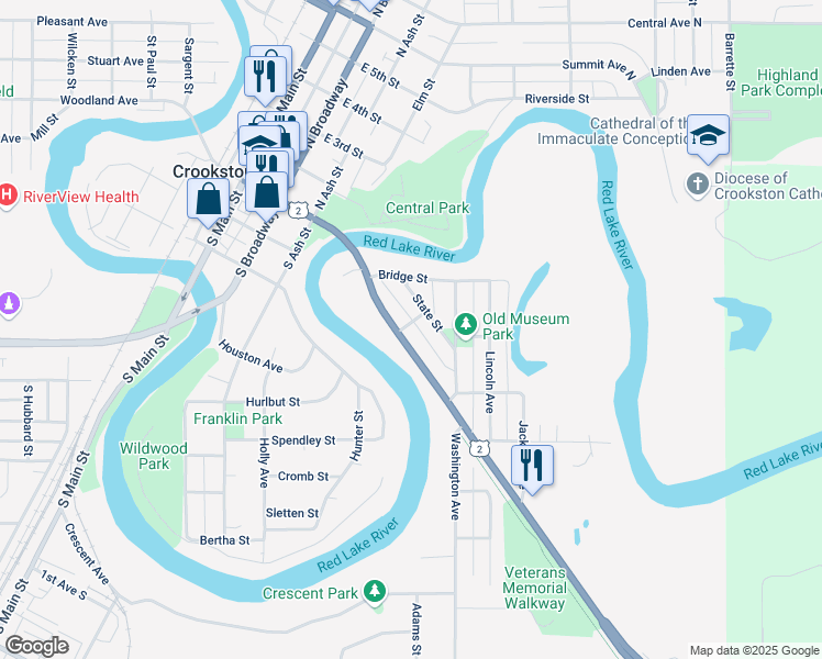 map of restaurants, bars, coffee shops, grocery stores, and more near 102 Carlton Street in Crookston