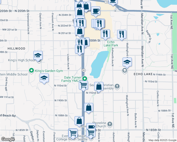 map of restaurants, bars, coffee shops, grocery stores, and more near 19428 Aurora Avenue North in Shoreline