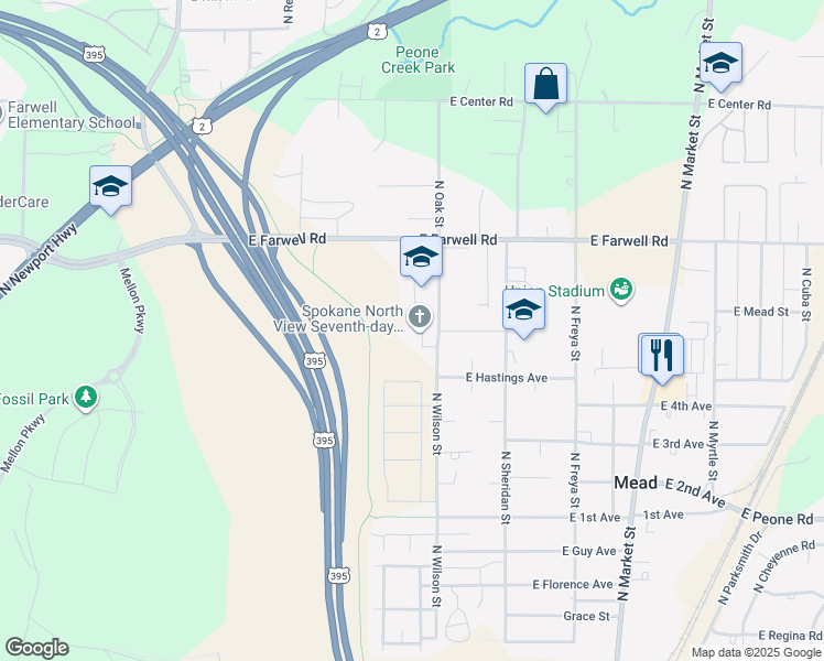 map of restaurants, bars, coffee shops, grocery stores, and more near 12405 North Wilson Street in Mead