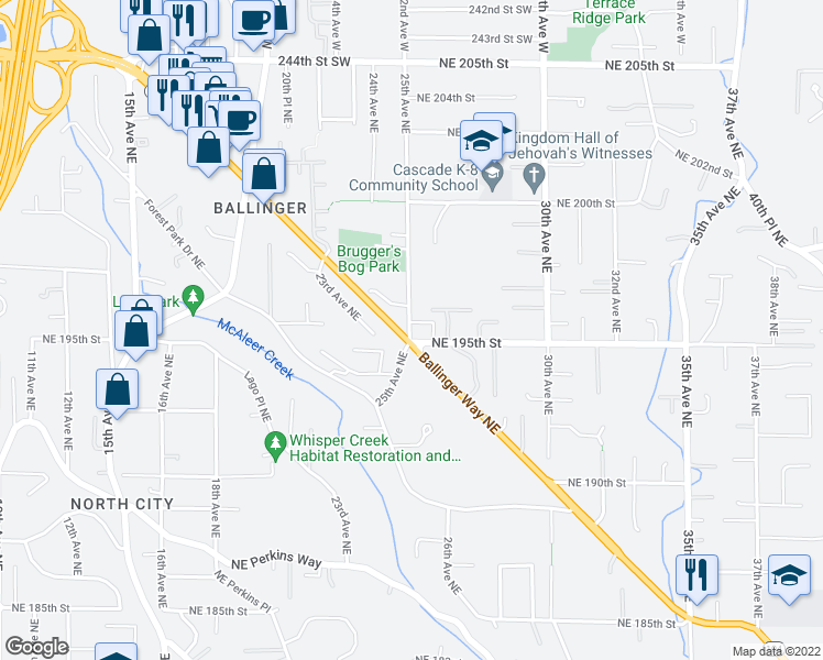 map of restaurants, bars, coffee shops, grocery stores, and more near 2502 Northeast 195th Street in Shoreline