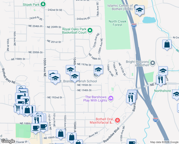 map of restaurants, bars, coffee shops, grocery stores, and more near 10529 Northeast 194th Street in Bothell