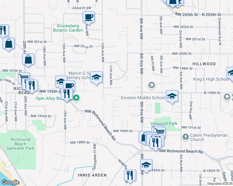 map of restaurants, bars, coffee shops, grocery stores, and more near 19351 11th Avenue Northwest in Shoreline