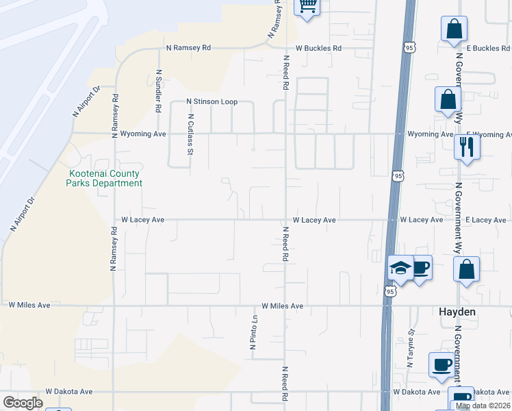 map of restaurants, bars, coffee shops, grocery stores, and more near 895 West Lacey Avenue in Hayden