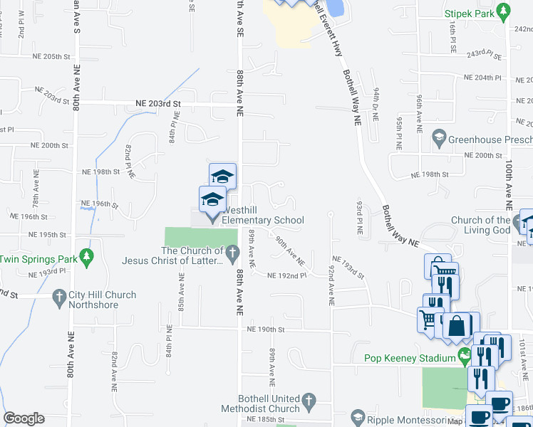 map of restaurants, bars, coffee shops, grocery stores, and more near 19621 89th Place Northeast in Bothell