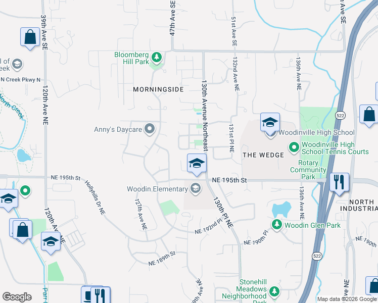 map of restaurants, bars, coffee shops, grocery stores, and more near 12921 Northeast 197th Place in Woodinville