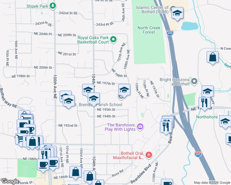 map of restaurants, bars, coffee shops, grocery stores, and more near 10529 Northeast 194th Street in Bothell