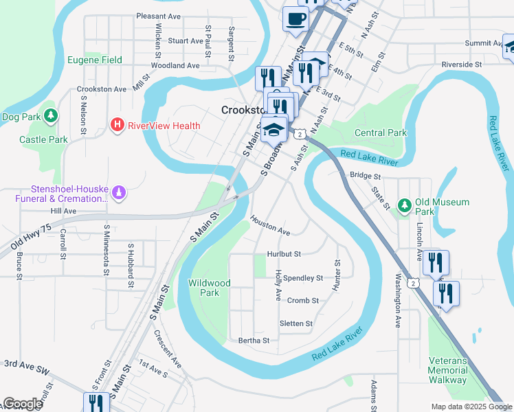 map of restaurants, bars, coffee shops, grocery stores, and more near 345 South Broadway in Crookston