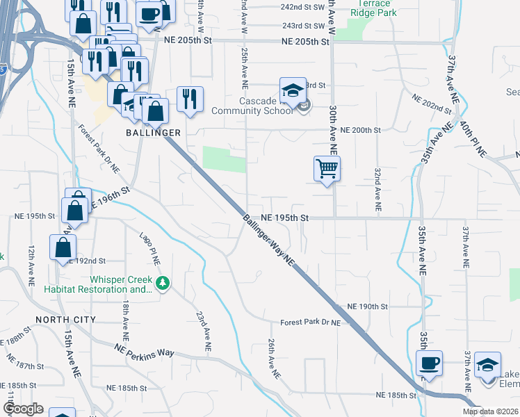 map of restaurants, bars, coffee shops, grocery stores, and more near 2512 Northeast 195th Street in Lake Forest Park