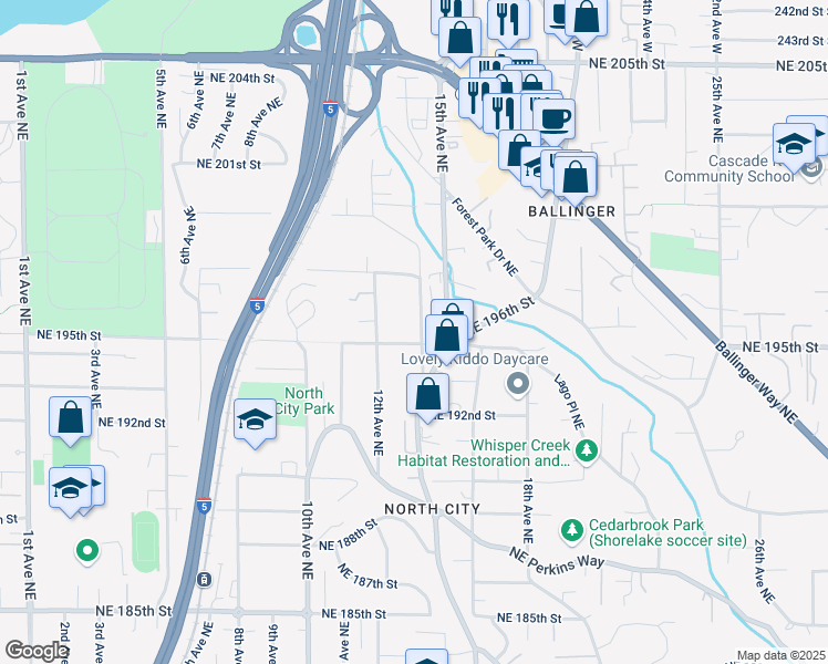 map of restaurants, bars, coffee shops, grocery stores, and more near 19509 14th Avenue Northeast in Shoreline
