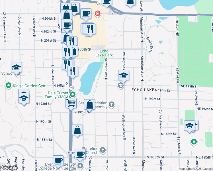 map of restaurants, bars, coffee shops, grocery stores, and more near 19498 Ashworth Avenue North in Shoreline