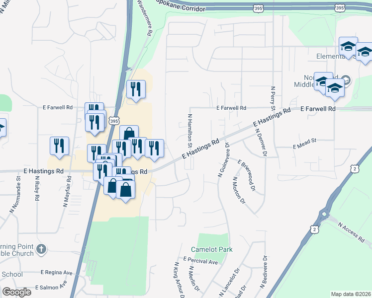 map of restaurants, bars, coffee shops, grocery stores, and more near 723 East Hastings Road in Spokane
