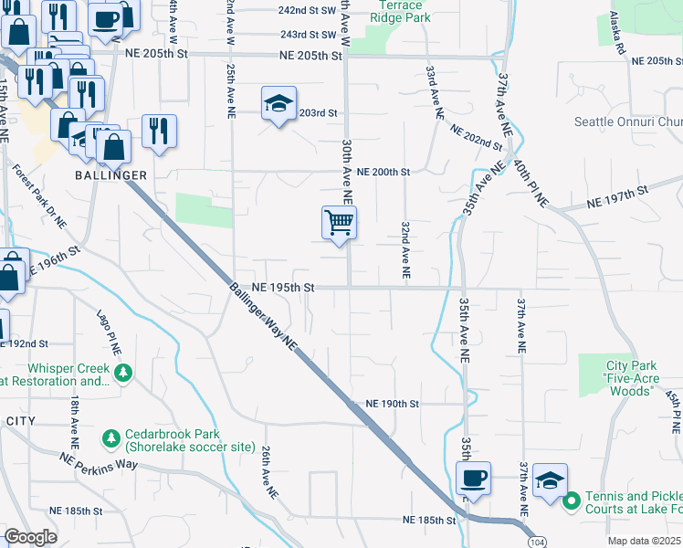 map of restaurants, bars, coffee shops, grocery stores, and more near 19511 30th Avenue Northeast in Shoreline