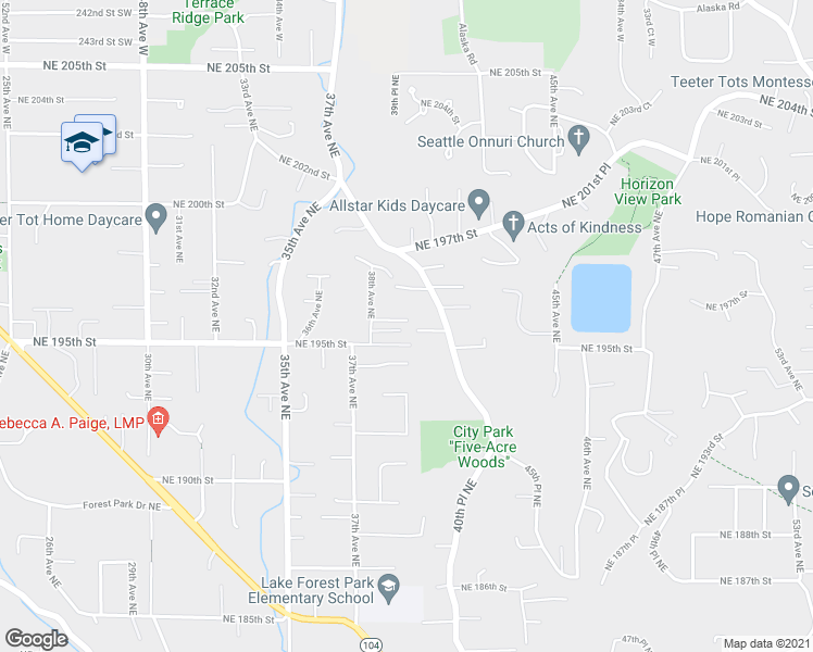 map of restaurants, bars, coffee shops, grocery stores, and more near 3826 Northeast 195th Place in Lake Forest Park