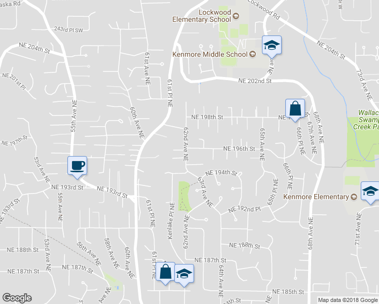 map of restaurants, bars, coffee shops, grocery stores, and more near 6205 Northeast 196th Street in Kenmore