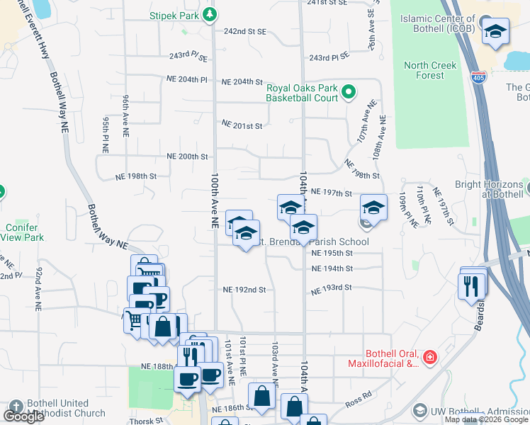 map of restaurants, bars, coffee shops, grocery stores, and more near 19507 104th Avenue Northeast in Bothell
