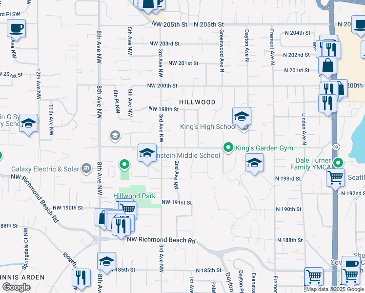 map of restaurants, bars, coffee shops, grocery stores, and more near 200 Northwest 195th Street in Shoreline