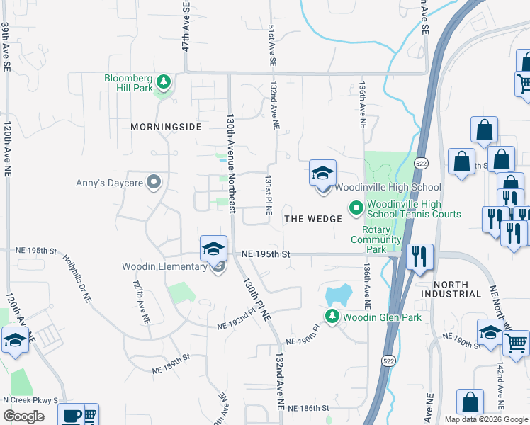map of restaurants, bars, coffee shops, grocery stores, and more near 13039 Northeast 197th Place in Woodinville