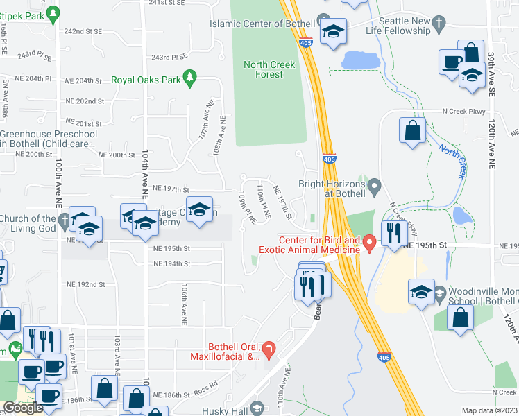map of restaurants, bars, coffee shops, grocery stores, and more near 19617 110th Place Northeast in Bothell
