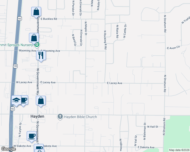 map of restaurants, bars, coffee shops, grocery stores, and more near 10884 North Joshua Court in Hayden