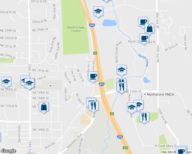 map of restaurants, bars, coffee shops, grocery stores, and more near 19803 North Creek Parkway in Bothell