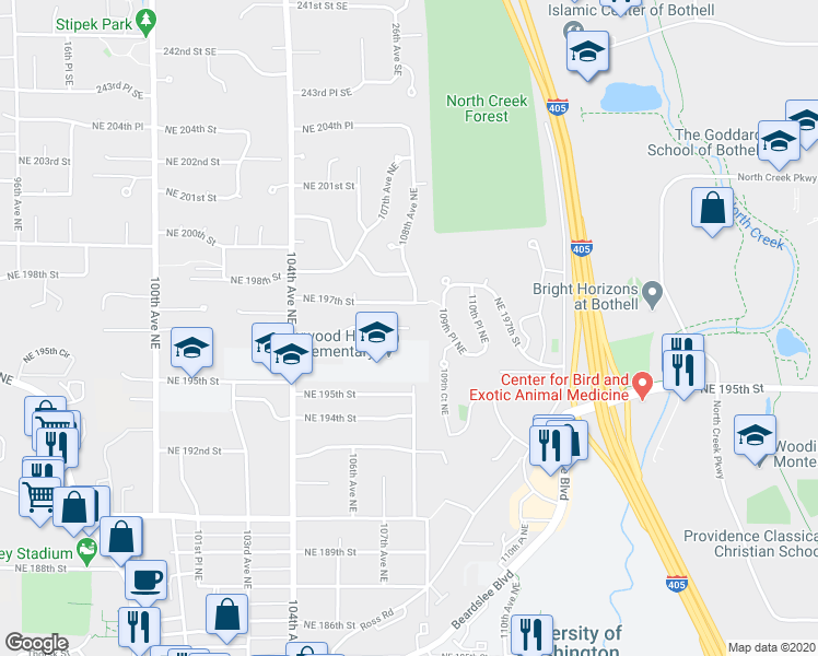 map of restaurants, bars, coffee shops, grocery stores, and more near 11109 Northeast 196th Street in Bothell