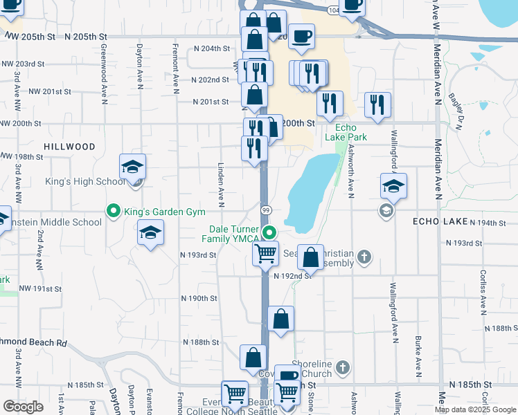 map of restaurants, bars, coffee shops, grocery stores, and more near 19501 Aurora Avenue North in Shoreline