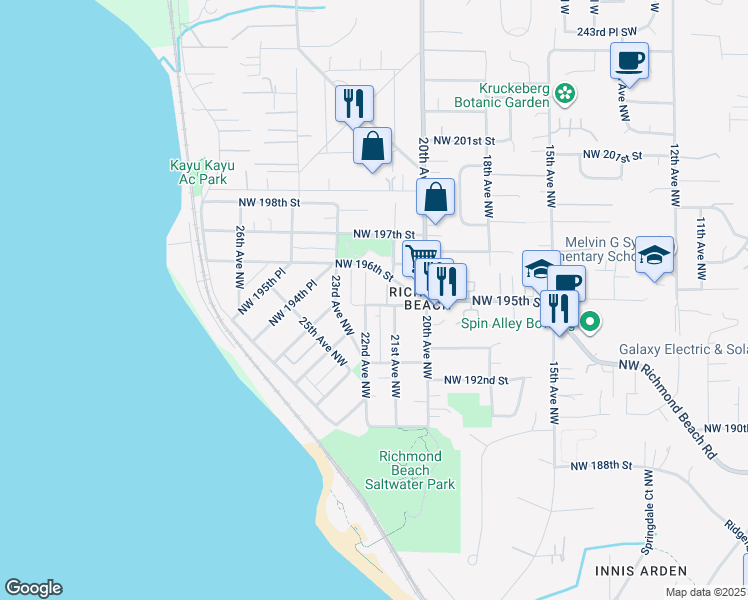 map of restaurants, bars, coffee shops, grocery stores, and more near 2120 Northwest 195th Street in Shoreline