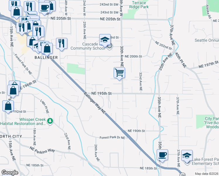 map of restaurants, bars, coffee shops, grocery stores, and more near 3120 Northeast 195th Place in Shoreline