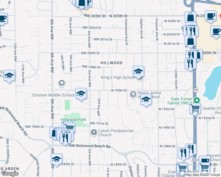 map of restaurants, bars, coffee shops, grocery stores, and more near 19503 1st Avenue Northwest in Shoreline
