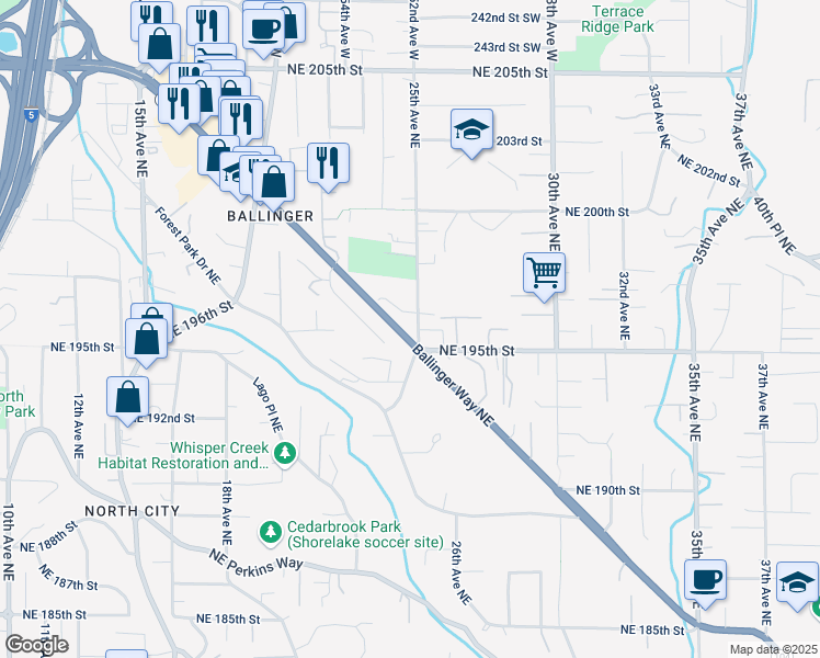 map of restaurants, bars, coffee shops, grocery stores, and more near 2512 Northeast 195th Street in Lake Forest Park