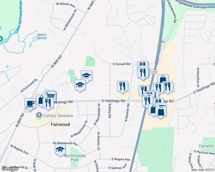 map of restaurants, bars, coffee shops, grocery stores, and more near 12507 North Ruby Road in Spokane