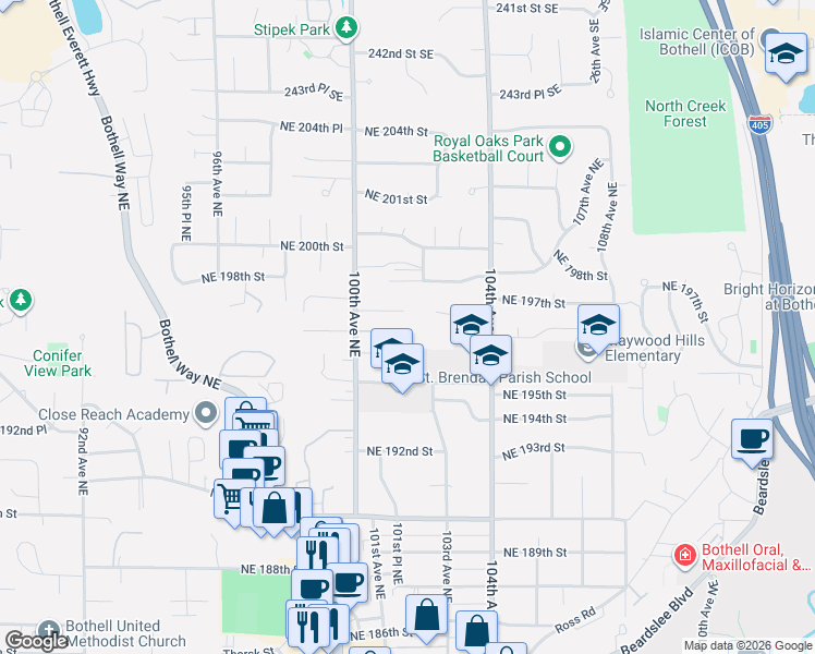 map of restaurants, bars, coffee shops, grocery stores, and more near 19507 104th Avenue Northeast in Bothell