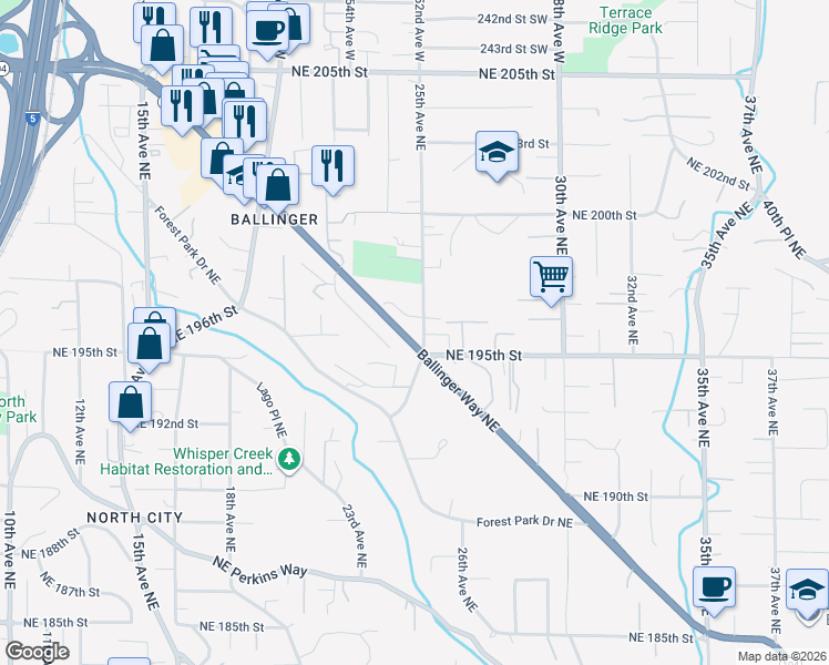 map of restaurants, bars, coffee shops, grocery stores, and more near 2512 Northeast 195th Street in Lake Forest Park