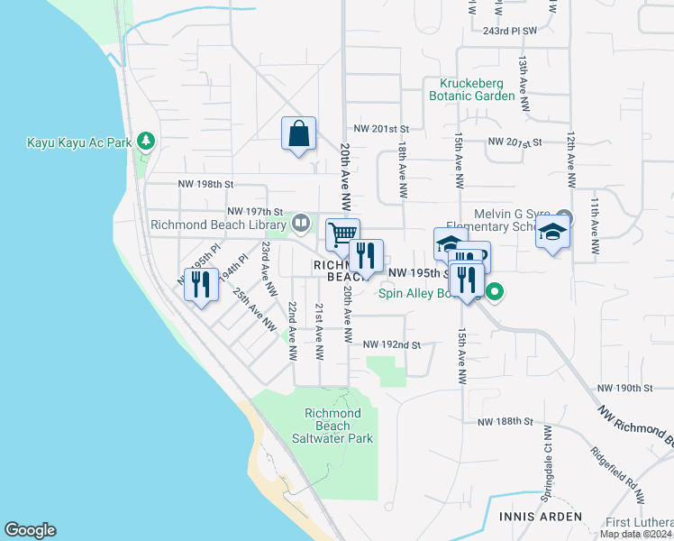 map of restaurants, bars, coffee shops, grocery stores, and more near 2022 Northwest 195th Street in Shoreline