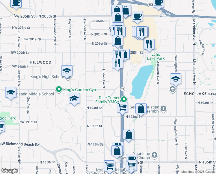 map of restaurants, bars, coffee shops, grocery stores, and more near 923 North 195th Street in Shoreline